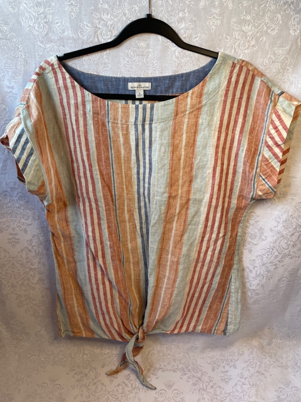 NWOT LL BEAN Striped Tie-Front Linen Blend Top - Blue, Rust, Cream, Tan - Picture 1 of 4